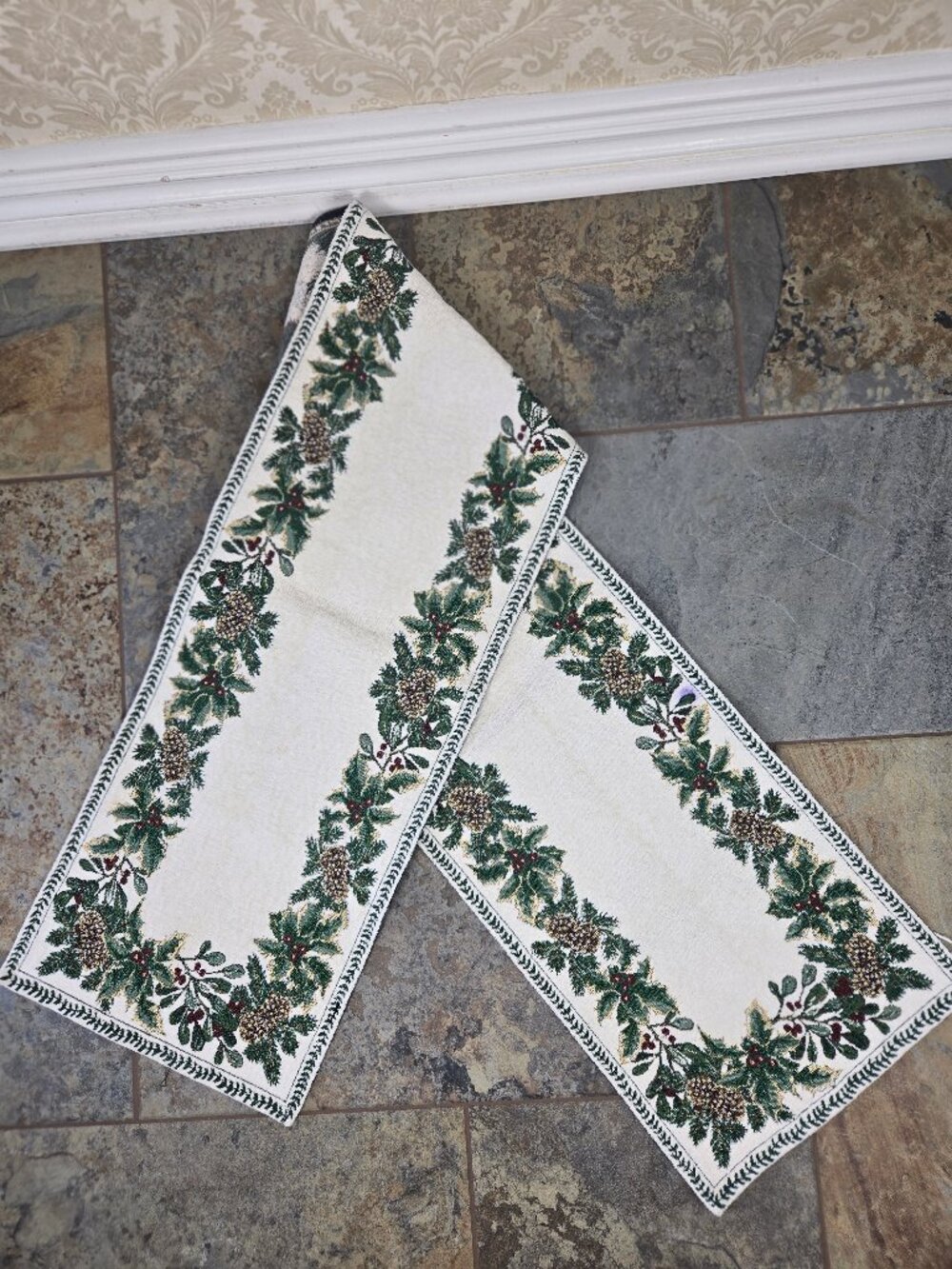 Winter Themed Table Runner Holly Pinecones Greenery White Background Metallic